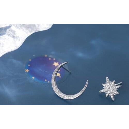 Asymmetry Earrings Authentic Real 100% 925 Sterling Silver fine Jewelry Star &Moon Crescent CZ Hip Hope Stud Earrings GTLE2927