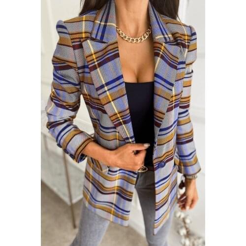 Blazers Woman Spring Autumn Plaid Print Tailored Coat Patchwork Button Turn-down Collar Long Sleeve Suits Womens Clothing 2021