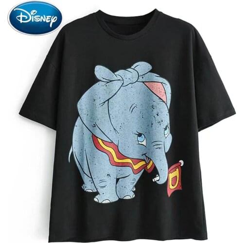 Disney Fashion Dumbo Elephant Flag Cartoon Print Black T-Shirt O-Neck Pullover Short Sleeve Casual Sweet Stylish Women Tee Tops