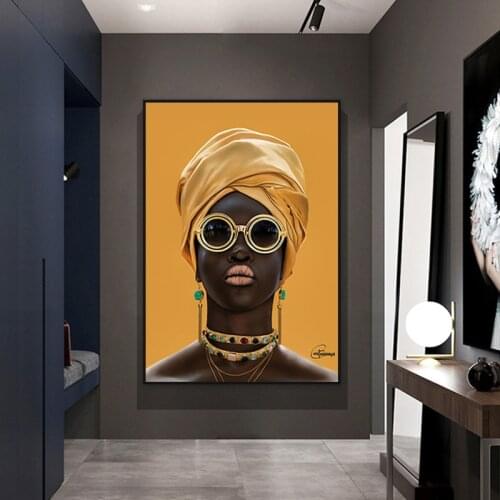 Black Woman With Sunglasses Oil Painting On The Wall Modern Decor Canvas Wall Art Pictures Cuadros Yellow African Woman Poster