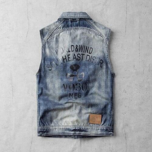 Streetwear Mens Back Letter Printed Sleeveless Denim Waistcoats Single Breasted Lapel Slim Pockets Casual Male Vests Plus Size