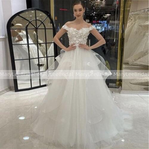 Fairy Illusion Bodice Wedding Dress With Tiered Skirt Custom A-Line Boat Neck Lace Applique Ivory Bridal Dresses Robe De Mariage