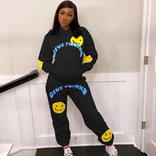 Letter Expression Print Two Piece Tracksuit Womens Set Hooded Full Sleeve Hoodie and Jogger Sweatpant Fall Winter Sport Suit