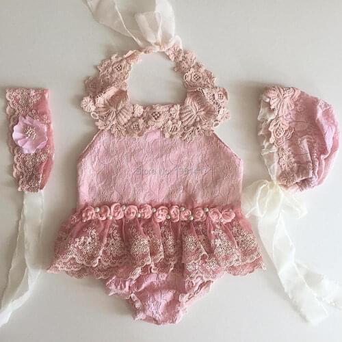 Summer Baby Girl Rompers Newborn Baby Clothes Toddler Sleeveless Solid Lace Design Romper Jumpsuit Bonnet Headband One-Pieces