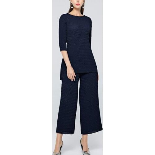 HOT SELLING Miyake fold Solid three quarter o-neck irregular t-shirt + Wide leg pant set IN STOCK