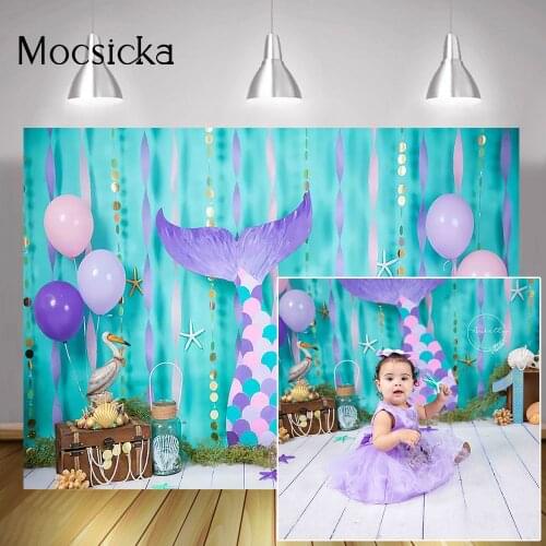 Sweet Mermaid One Birthday Portrait Photography Backdrop Under the Sea Girl Cake Smash Background Blue Ocean Fish Tail Balloons