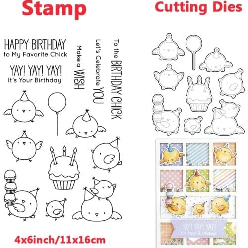 Cute Chicken Happy Birthday Metal Cutting Dies Clear Stamps Transparent Silicone Seal for DIY Scrapbooking Photo Album Decorate