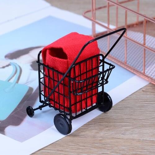 Miniature Supermarket Shopping Hand Trolley Cart For Kids Role Play Toy Gray Pretend Play Doll House Decor Dolls Accessory