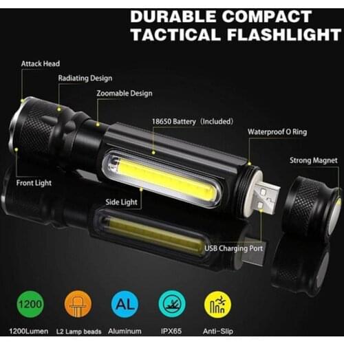 Multifunction Mini LED Flashlight USB Rechargeable COB Light Torch Side Magnetic Work Light with USB Port Survival Outdoor Tool