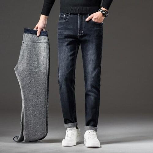 2021 Winter New Mens Thick Warm Blue Jeans Classic Style Business Casual Regular Fit Elasticity Denim Pants Male