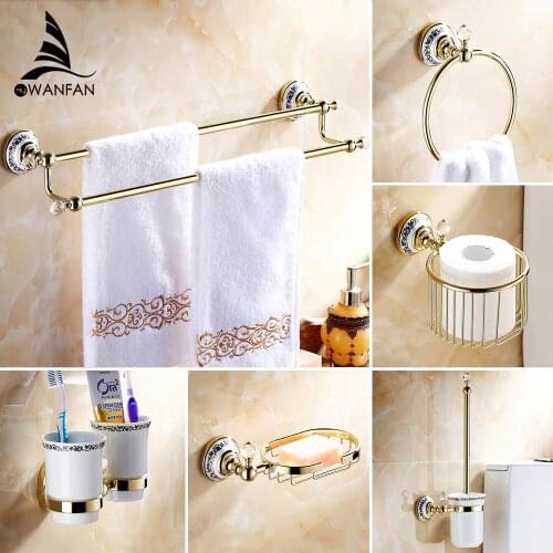 Bathroom Accessories Bath Hardware Set Golden Color Toilet Paper Holder Towel Rack Tissue Holder Cup Holder Robe Hook 6300K