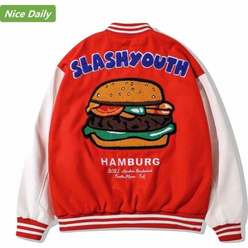 NiceDaily Winter Mens Jacket Harajuku Cartoon Flocking Embroidery Hamburger Letter R Sports Baseball Uniform All-match Couple
