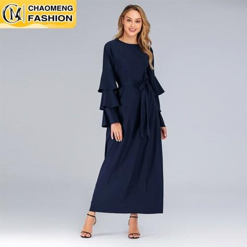 New Fashion Pure Color Muslim Women Dress Three Layers Full Sleeves Maxi Matching Belt Islamic Clothing Turkey Dubai Abaya