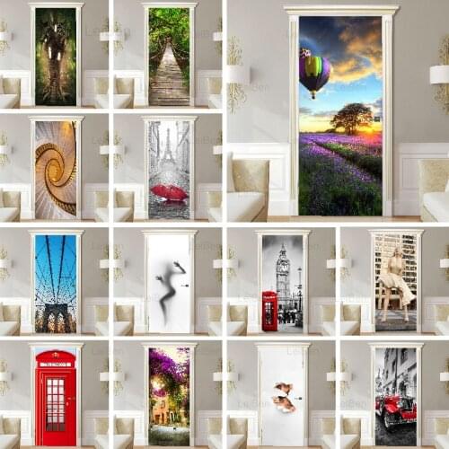 Creative Wardrobe London Street Self Adhesive 3d Door Stickers Waterproof Wallpaper Print Picture Art Renovation Home Decor