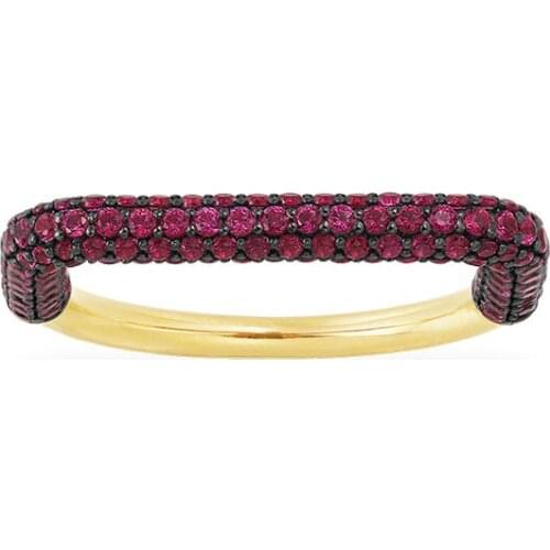 SOELLE Fashion 925 Sterling Silver Yellow Gold Color Hot Pink Red Zirconia Rectangle Geometric Finger Ring Women Fun Jewelry