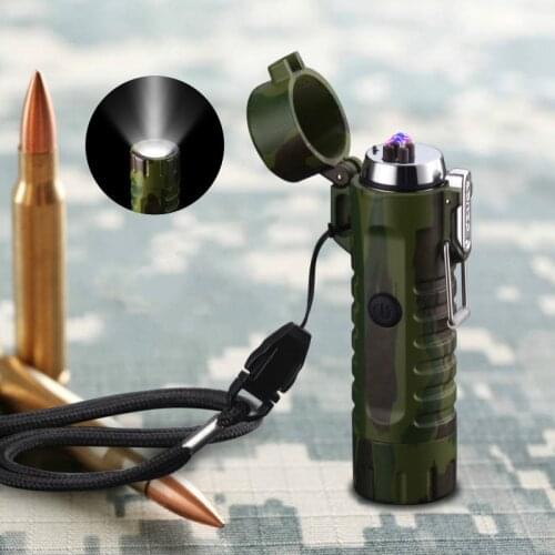 2 in1 Outdoor Camping LED Flashlight Windproof Cigarette Lighter Double Arc Sealed Waterproof USB Rechargeable Lighters