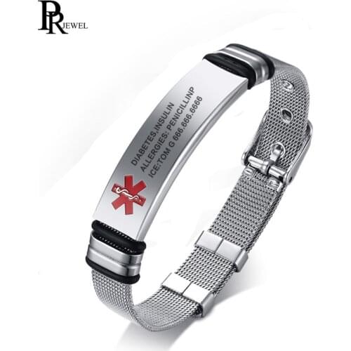 Unisex Free Engraving Stainless Steel Medical Alert ID Tag Cuff Bangle Bracelet Length Adjustble