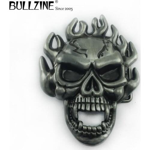 The Bullzine Skull belt buckle with pewter finish FP-03496 suitable for 4cm width snap on belt