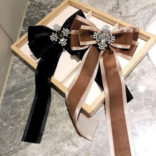 Vintage Velvet Ribbon Long Bow Tie Brooches for Girls Women Collar Flower Shirt Pin Korean Cloth Neck Tie Party Accessories