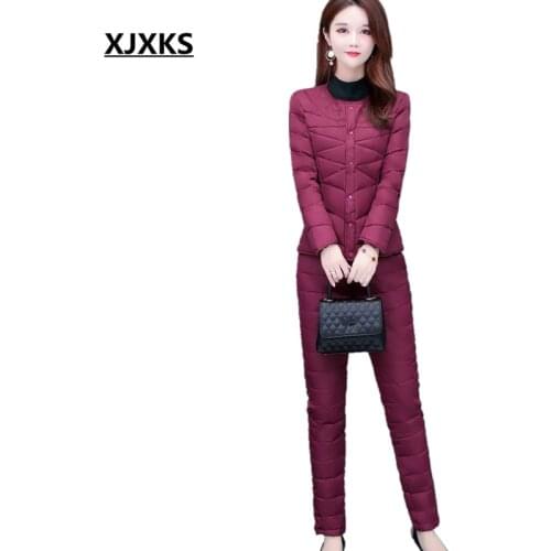 XJXKS 2020 winter new thick warm women two-piece set comfortable cotton-padded coat + elastic waist cotton trousers