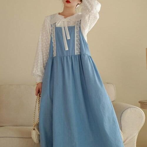Japanese Sweet Girl Lolita Blue Sweet Dress Women Autumn Elegant Kawaii Lace Patchwork Gentle Fairy Offiec Lady Maid Midi Dress