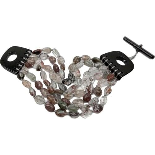 YYGEM Natural 6 strands Freeform Green Rutilated Quartz Bracelet 8" Onyx clasp handmade for women