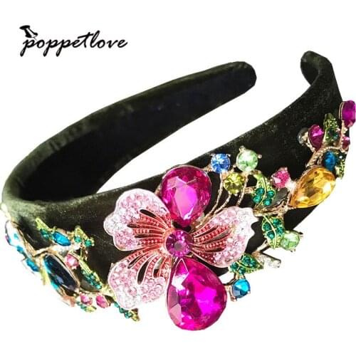 High Quality Royal Wide Side Flannel Inlaid Crystal Flowers Colorful Baroque Headband For Women Wedding Hair Accessories Gift