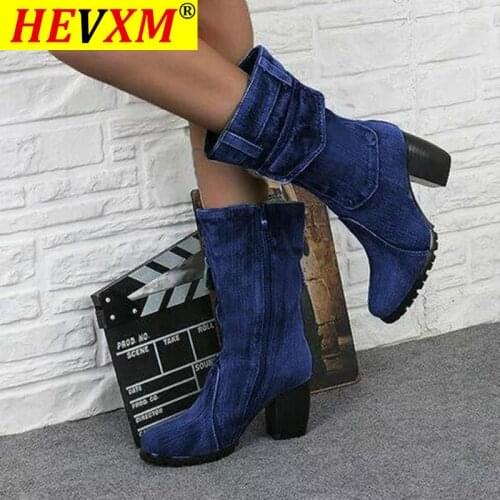 Sexy Jean Boots Womens Mid Calf Boot Zipper High Heel Woman Stylish Jeans Boots Ladies Denim Boot Female Shoes Cowboy 2021 New