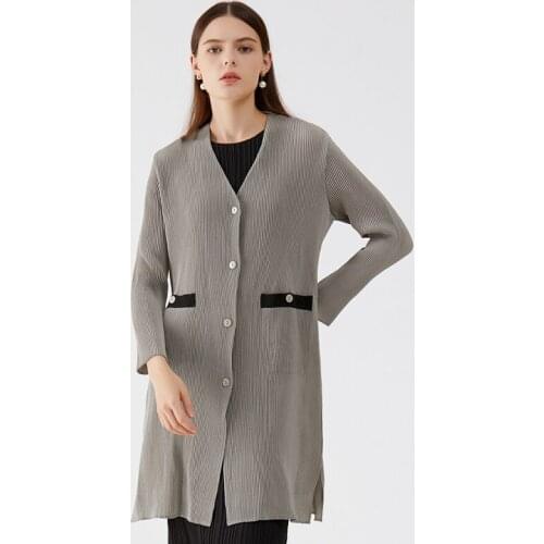 Miyake Pleated Winter Casual Jacket Fall 2021 Womens Korean Fashion Trench Coat Button Long Fall Coats Aesthetic Clothes
