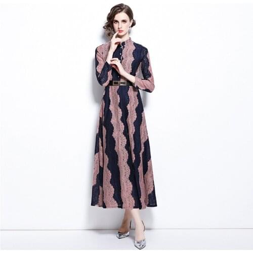 Autumn Fashion Runway Flower Embroidery Lace Long Dress Womens Elegant O-Neck Long Sleeve Party Vestidos Da Festa k8393