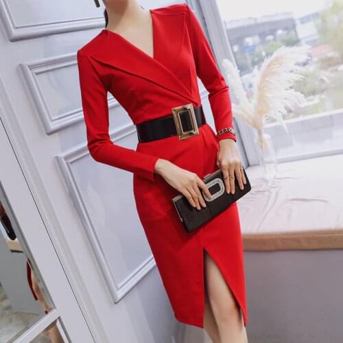 Plus Size 2020 Autumn Black Red Long Sleeve V-neck Dress Split Asymmetrical Dress Sashes Elegant Office Lady Sexy Party Dresses