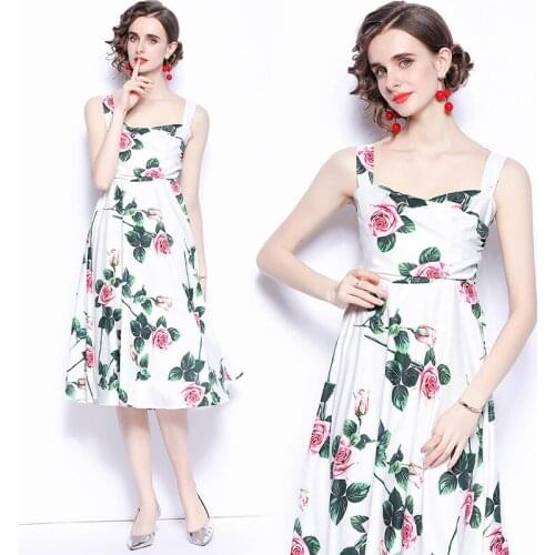2021 New Women Dresses Office Lady Printing Vintage Women Dresses Mid-Calf Spaghetti Strap Square Collar Elegant Summer Dresses