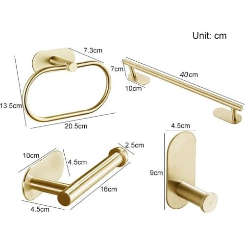 Gold Bathroom Hardware Set Paper Holder Towel Rack Robe Hook Towel Bar Stainless Steel Bathroom Accessories without nails