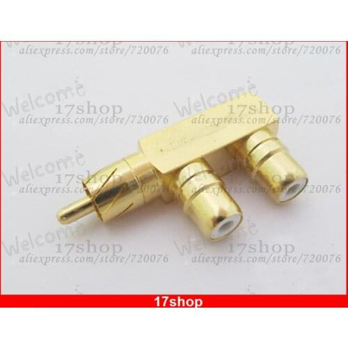 10pcs x Gold RCA Male Plug To Dual 2 RCA Female Jack Right Angle F Adapter Connector