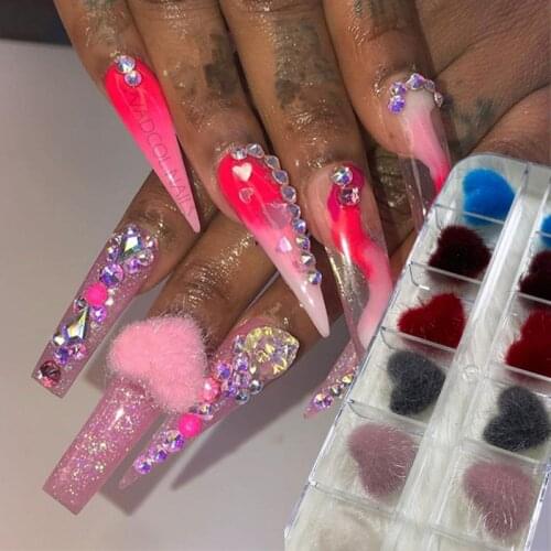 12pcs Nail Art Pom Pom Heart Shape Magnetic Ball 3D Nails Charm Press On Tips Decoration