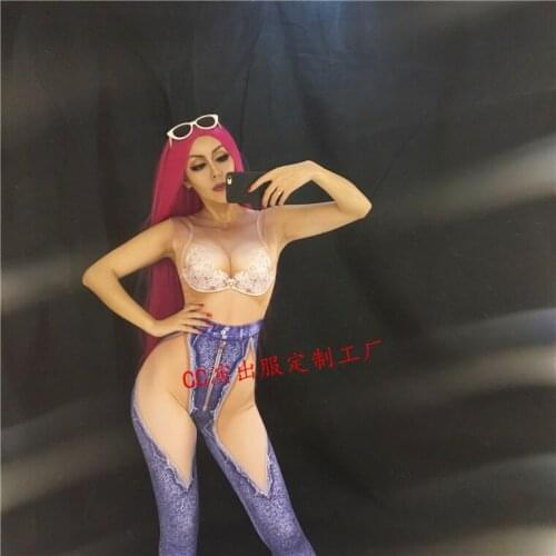 2020 New Modern 3D Printed tight-fitting Jumpsuit DjDs Lace Denim Stretch Conjoined Adult Stage Costume Party Celebration