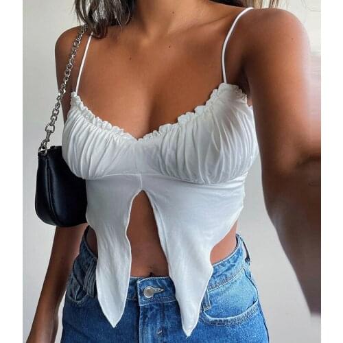 2021 Fashion Trend Womens Tank Tops Ruffle Vest Thin Summer Slimming Cropped Camisole Hollow Split Hem Bow Tie Holiday Sun-Tops