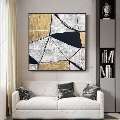 100% Handmade Golden Black Block Abstract Painting Modern Art Picture For Living Room Modern Cuadros Canvas Art High Quality