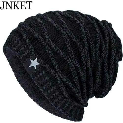 JNKET Pentagram Star Jacquard Men Womens Knitted Hat Winter Warm Fleece Lining Beanies Hat Skullcap Brimless Hat Bonnet