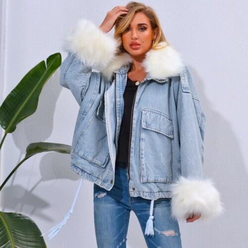 Winter Womens Big Fur Collar Denim Jacket Plus Velvet Parka Coat with Detachable Lining Double Thick Loose Warm Denim Jacket