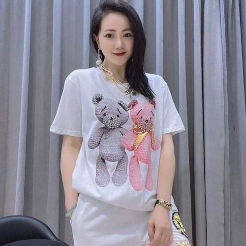 2021 Summer Rhinestones Cartoon Bear T Shirt Women O-neck Short Sleeve Diamond Kawaii Tee Girl