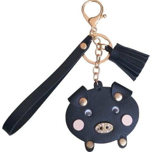Fashion Fluffy Pompom PU Leather Pig Keychain Rabbit Fur Ball KeyChain Pompom Key Chain Pom Pom Key Ring Women Bag Charm Jewelry