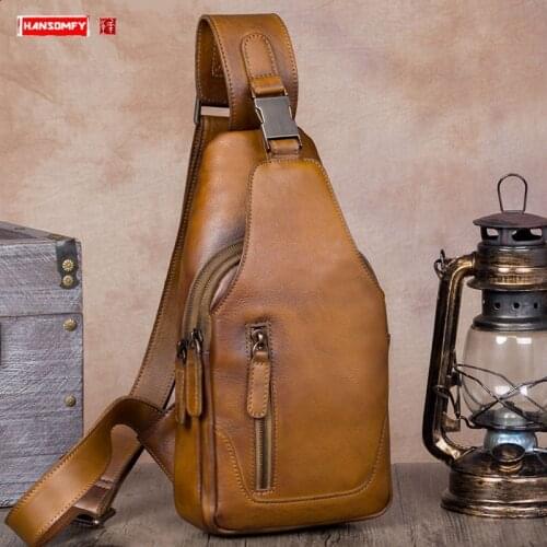 Vintage Genuine Leather Mens Chest Bag Shoulder Messenger Bag Retro Men Soft Leather Large-capacity Bags First Layer Cowhide