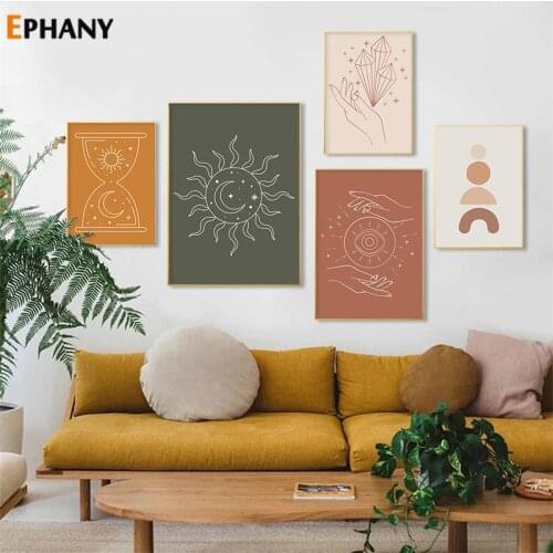 Boho Sun Moon Abstract Line Drawing Wall Art Sand Clock Canvas Poster for Living Room Painting Pictures Home Decoration
