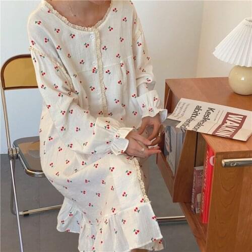 Autunm Soft Sleepdress Girls Loose Cute Cherry Print Nightgown Lace Nightdress Women Spring Casual Petal Sleeve Sleep Long Dress