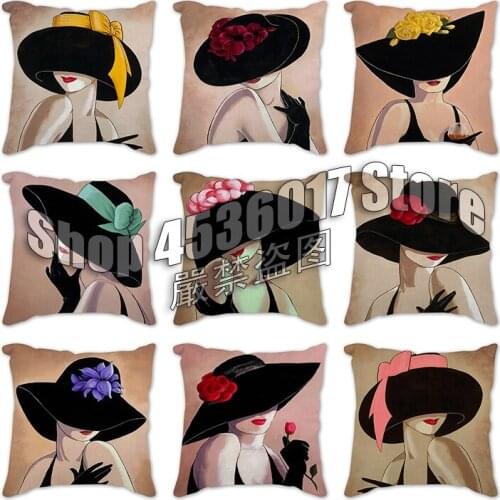 Girls Cushion Cover Polyester woman in ablack hat Pillow Case Home Decorative Pillows Cover Sofa Car Pillowcase fall pillow case