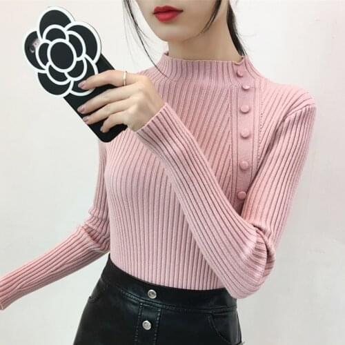 Zoki New 2021 Pullover Women Sweater Fashion Autumn Winter Button Slim Knit Basic Top Casual Long Sleeve Female Elastic Jumper