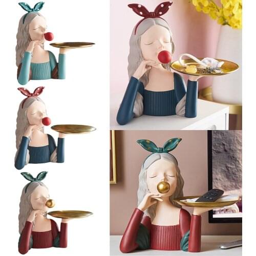 Chic Cartoon Bubble Girl Storage Tray Creative Sculpture Statue Office Decor