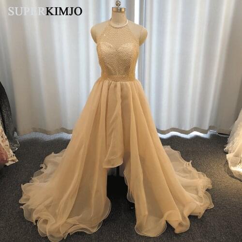 SuperKimJo High Low Champagne Prom Dresses 2020 Halter Beaded Organza Sexy Prom Gown Abiti Da Cerimonia Da Sera