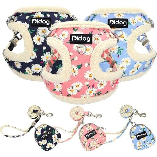 Warm Winter Pet Harness With Leash Snack Bag Small Medium Dogs Vest Harness Soft Padded For Cold Weather Flower Printed Pitbull